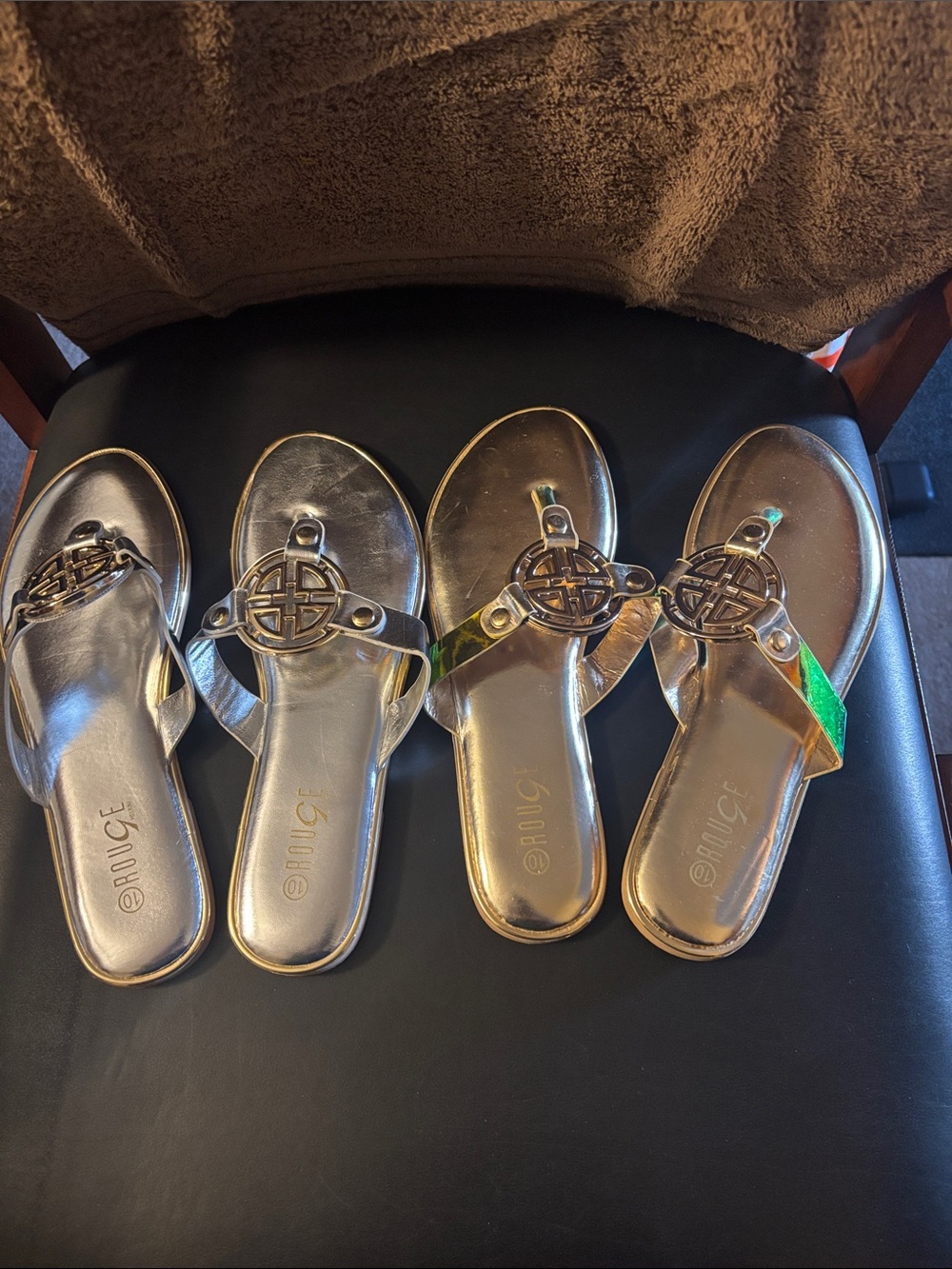 Metallic Gold & Silver Women's Slide Sandals with Logo Medallion